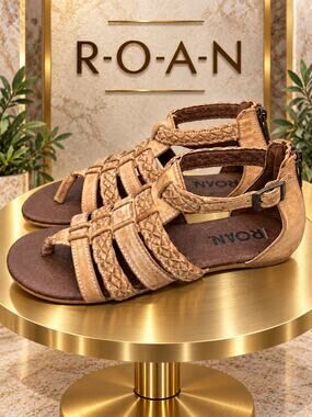 ROAN Posey Tan Leather Braided Gladiator Flat Sandals Women’s 8.5